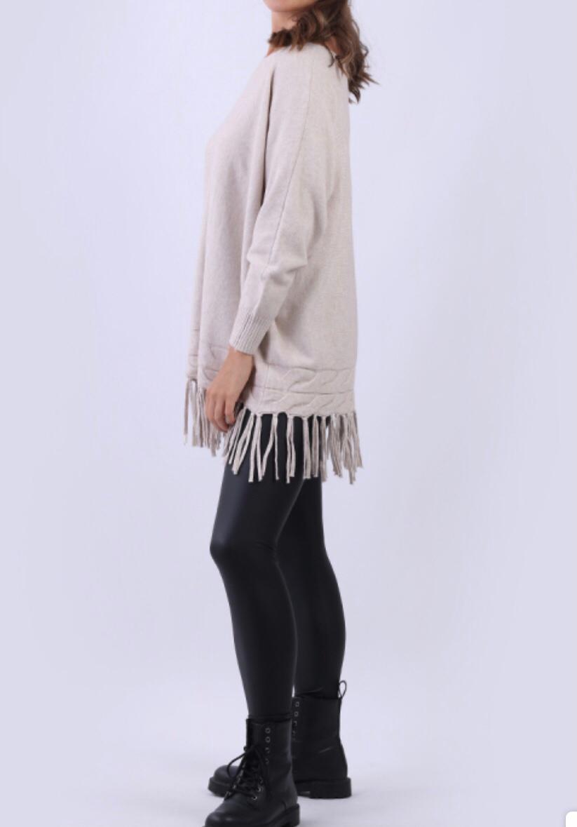 Fringed Hem Jumper Beige